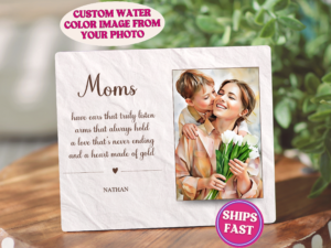 custom gifts for mom, new mom personalized gift, etsy gifts for teacher, mom, gay pride/ Photo board with custom watercolor image of mom and child and sentimental quote